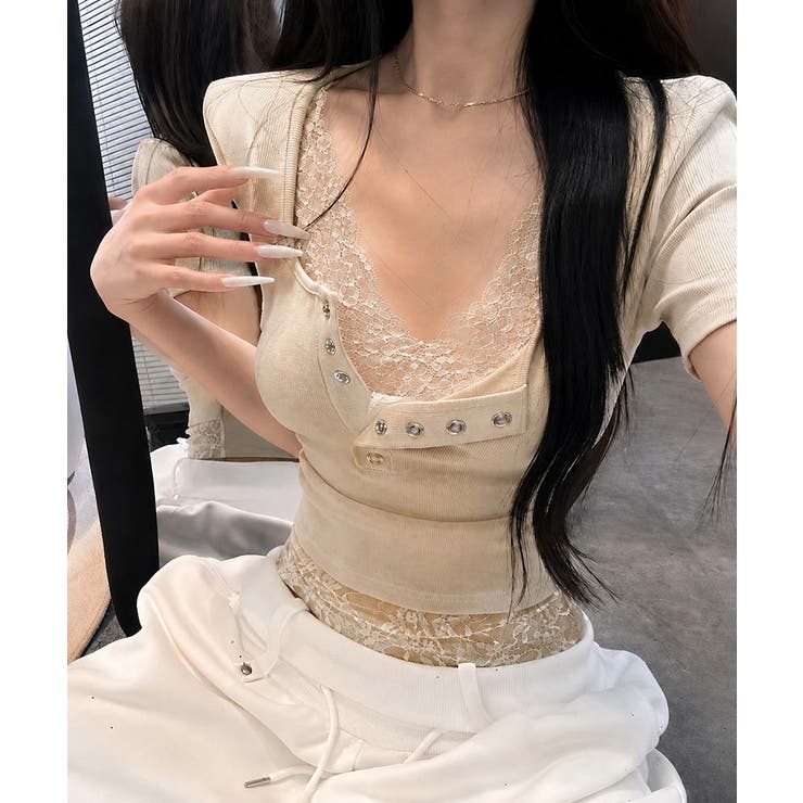 ベージュ | ヘンリーネックＴシャツ レースレイヤード | Miniministore