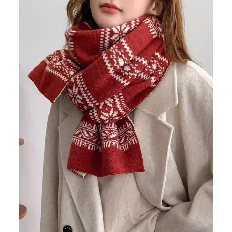 レッド | ノルディック柄ニットマフラー 肩掛け秋冬 | SUNSHINE CLOSET