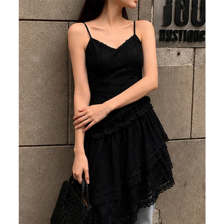 ブラック | アシンメトリーキャミワンピきれいめ 透け感レースチュニック春夏 ティアードキャミ | SUNSHINE CLOSET
