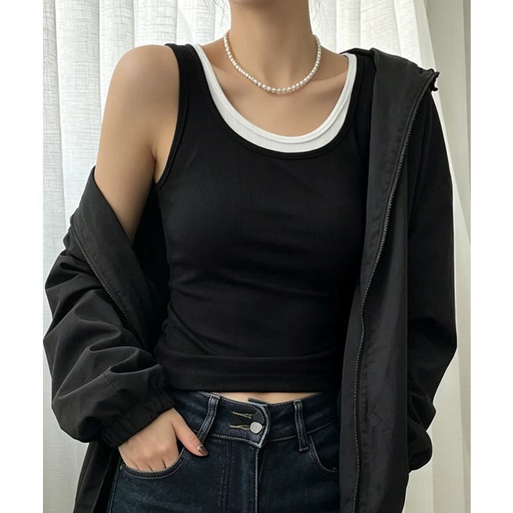 ブラック | フェイクレイヤードトップス レディース 配色パイピングインナー | SUNSHINE CLOSET