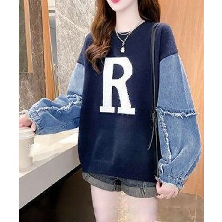 ネイビー | ドッキングニット デニムシャツ 切り替え | Miniministore