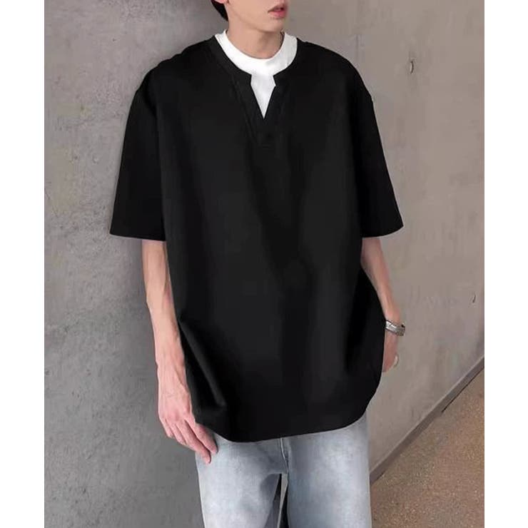 ブラック | 半袖Tシャツ メンズ 重ね着風カットソー | AsaAura