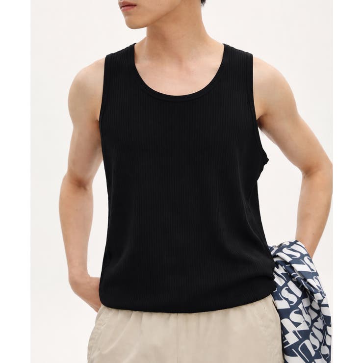 ブラック | Uネックリブタンクトップメンズトップス夏 | AsaAura