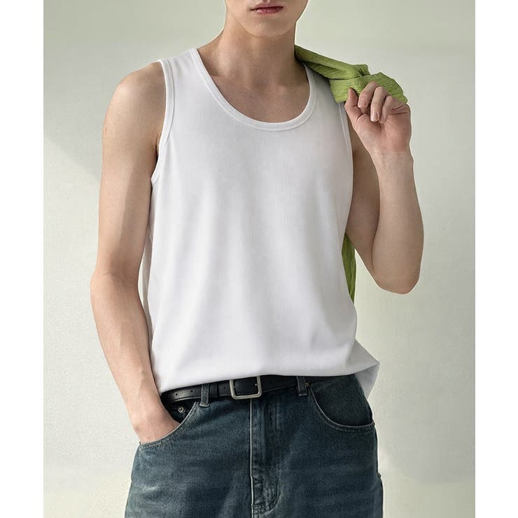 ホワイト | Uネックリブタンクトップメンズトップス夏 | AsaAura