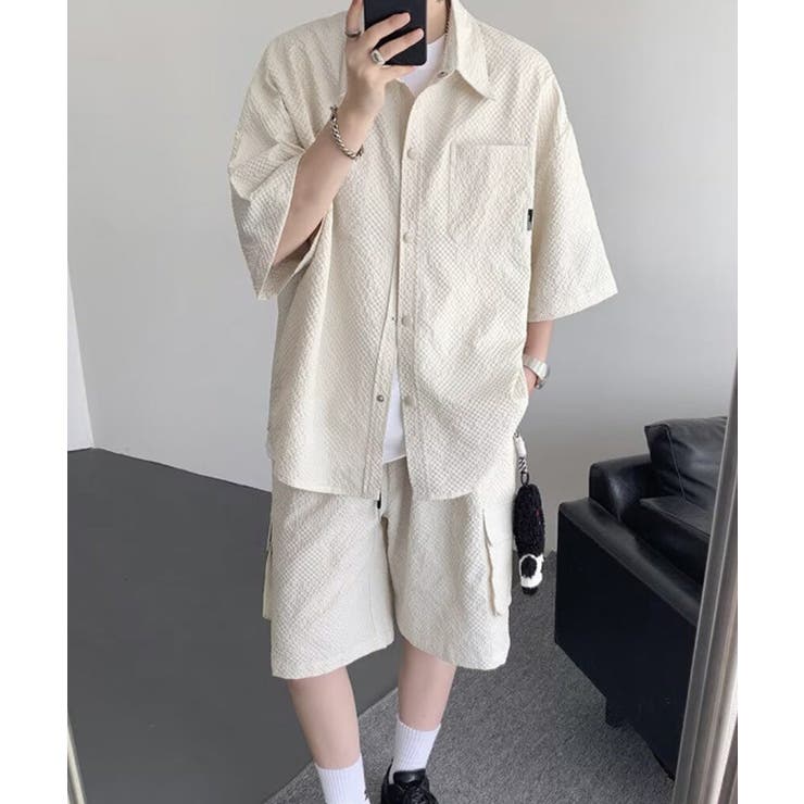 アイボリー | 涼しいシアサッカー五分袖トップス カーゴショートパンツ半ズボン春夏 かっこいい夏… | SUNSHINE CLOSET