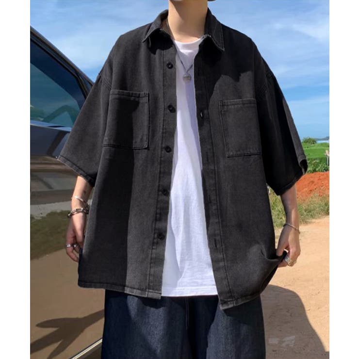 ブラック | 半袖デニムシャツメンズ オーバーサイズ服 | AsaAura