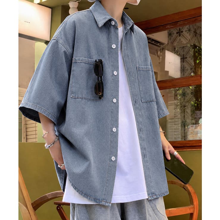ブルー | 半袖デニムシャツメンズ オーバーサイズ服 | AsaAura