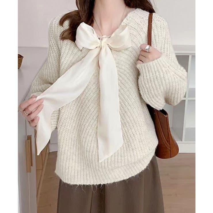 アイボリー | ビッグリボンタイニットプルオーバー韓国風 | SUNSHINE CLOSET