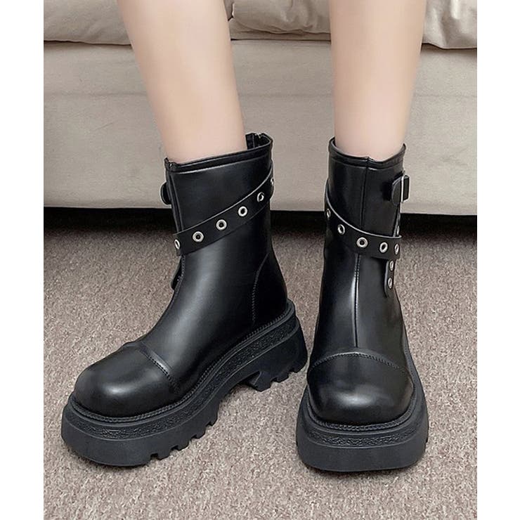 ブラック | 厚底ショートブーツレディースベルトブーツ | Miniministore