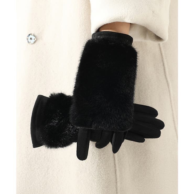ブラック | タッチパネル対応ファー付き手袋スエード調 | Miniministore