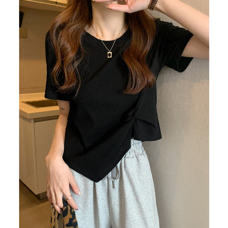 ブラック | アシンメトリーTシャツ半袖クルーネックt | Miniministore