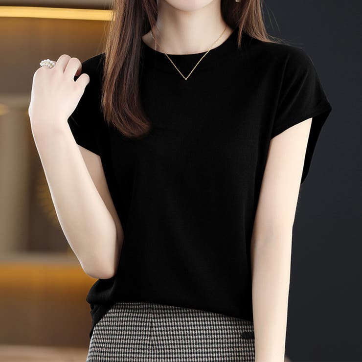 ブラック | 韓国 フレンチスリーブ ニットTシャツ | SUNSHINE CLOSET