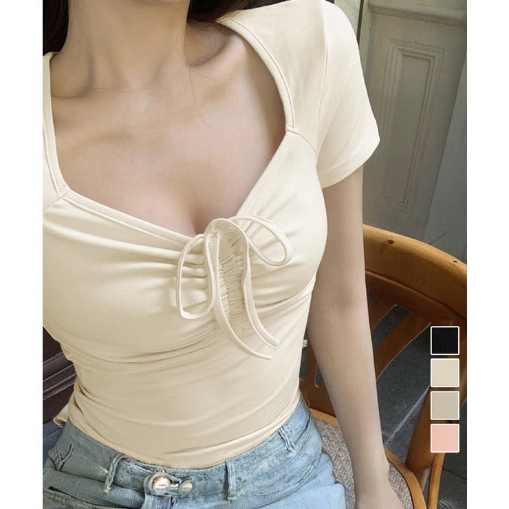 フロントリボンTシャツ ギャザートップス | Miniministore | 詳細画像1 