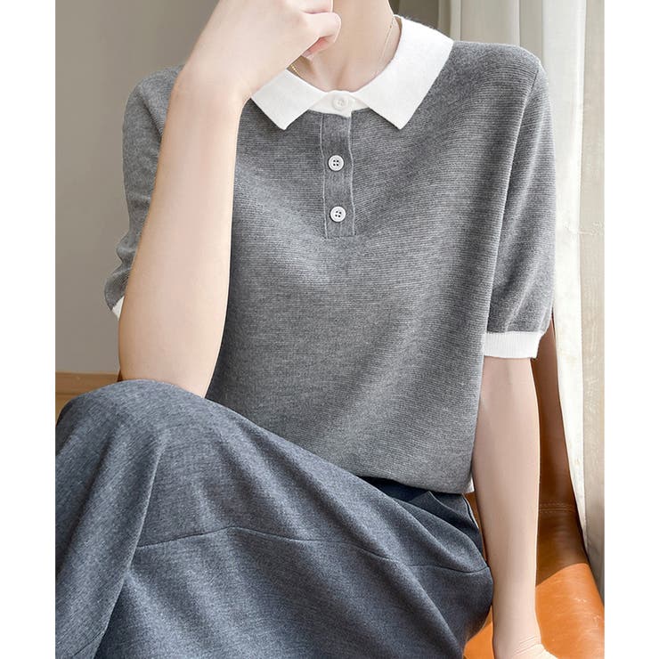 配色襟付き半袖 ポロニットトップス韓国風 | Miniministore | 詳細画像12 
