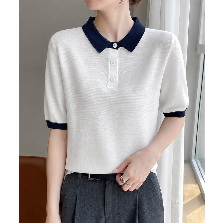 配色襟付き半袖 ポロニットトップス韓国風 | Miniministore | 詳細画像6 