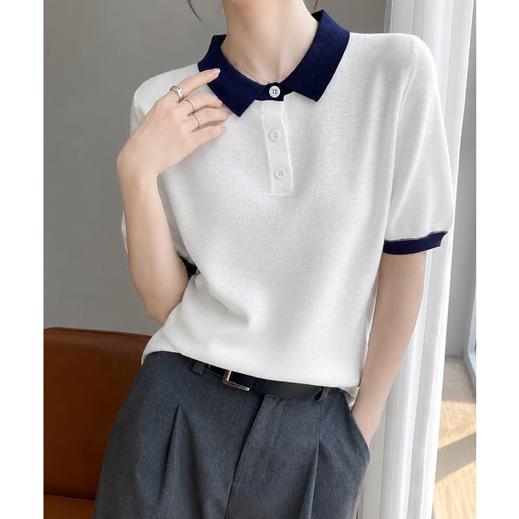 配色襟付き半袖 ポロニットトップス韓国風 | Miniministore | 詳細画像7 