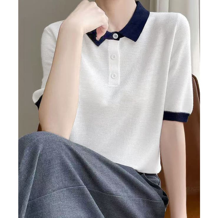 配色襟付き半袖 ポロニットトップス韓国風 | Miniministore | 詳細画像8 