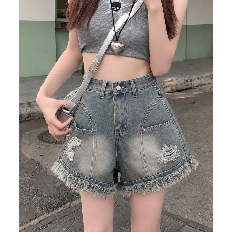 裾フリンジダメージデニムショートパンツ夏 | Miniministore | 詳細画像1 