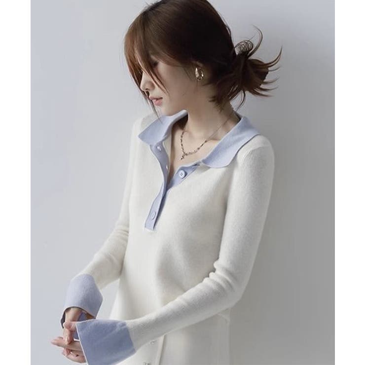 配色襟ポロカラーニットトップス長袖上品秋 | Miniministore | 詳細画像7 