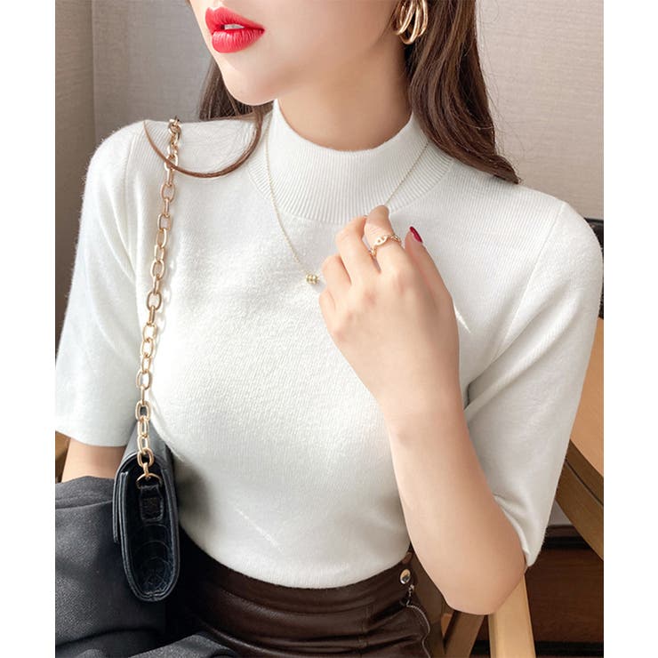 モックネック ニットトップス 五分袖韓国 | Miniministore | 詳細画像1 