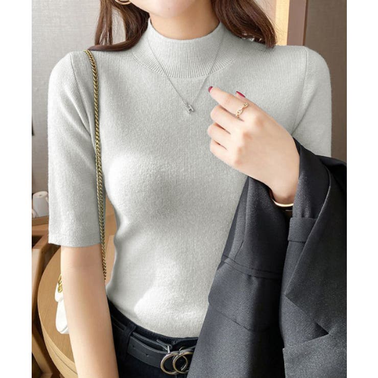 モックネック ニットトップス 五分袖韓国 | Miniministore | 詳細画像6 