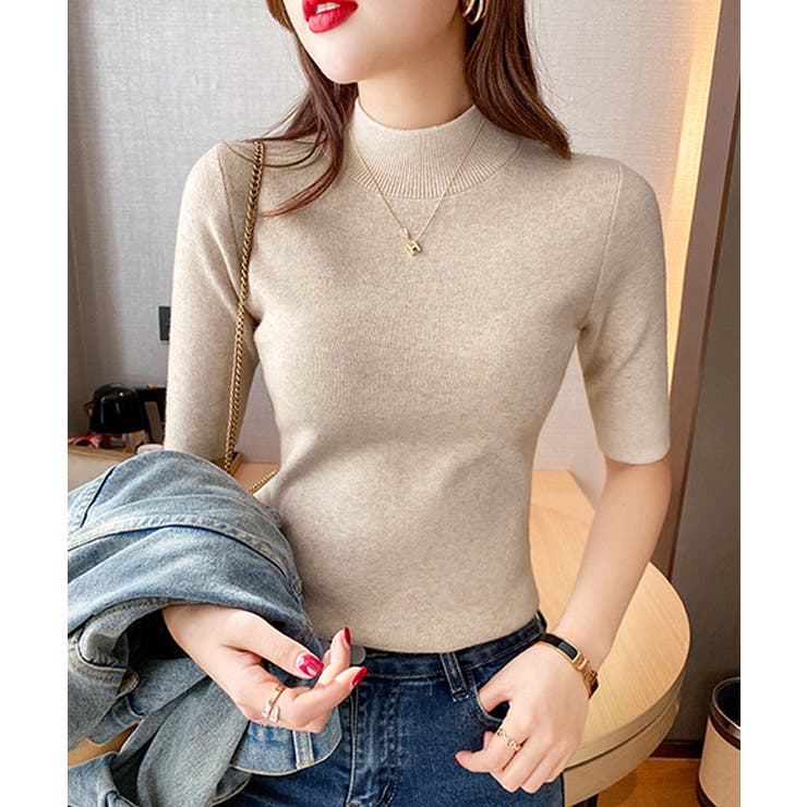 モックネック ニットトップス 五分袖韓国 | Miniministore | 詳細画像8 