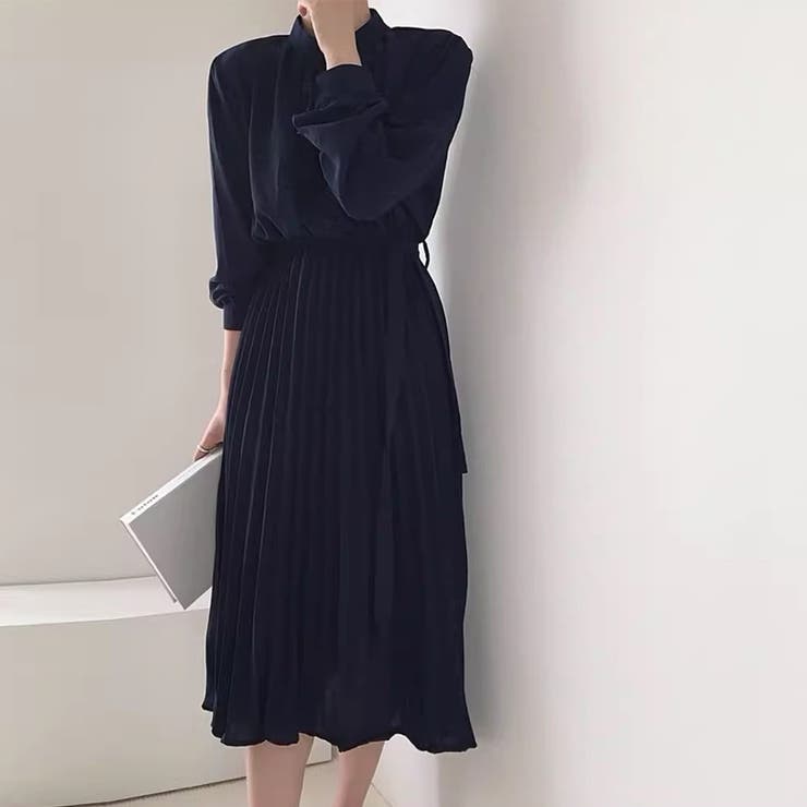 ワンピース ニット プリーツ 長袖 秋冬 エレガント 韓国 miniministore｜ロングワンピース 長袖プリーツワンピ韓国