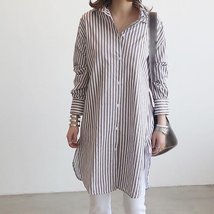 ストライプ柄 ロングシャツレディース長袖[品番：II000008783