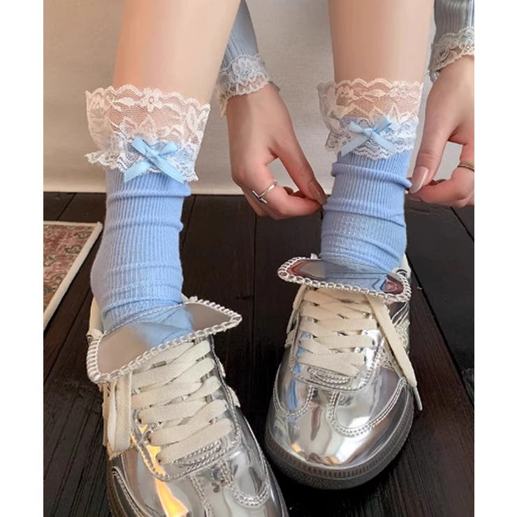 ブルー | レース付き リボンソックス 可愛い 靴下 | SUNSHINE CLOSET