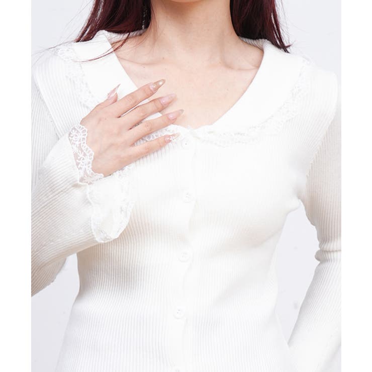 レーストリム Vネックリブニットトップス | Miniministore | 詳細画像14 