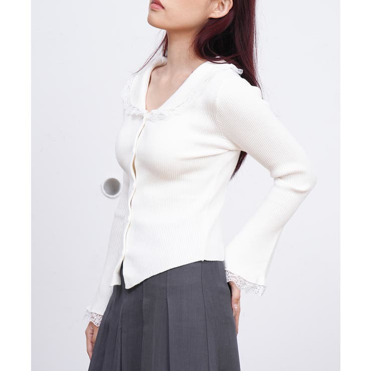 レーストリム Vネックリブニットトップス | Miniministore | 詳細画像18 