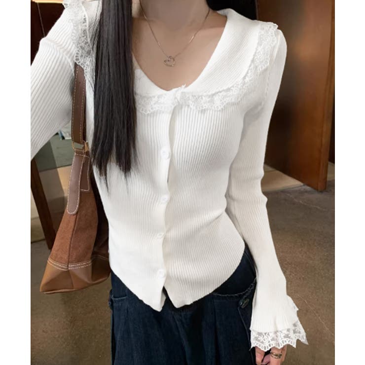 レーストリム Vネックリブニットトップス | Miniministore | 詳細画像8 