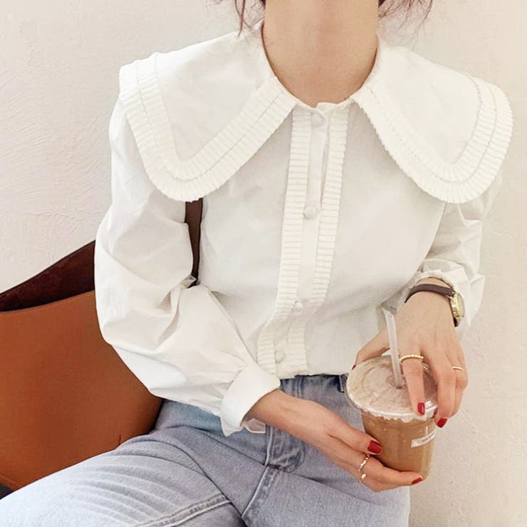 ビック襟長袖シャツブラウス フリルカラー オフィスカジュアル[品番