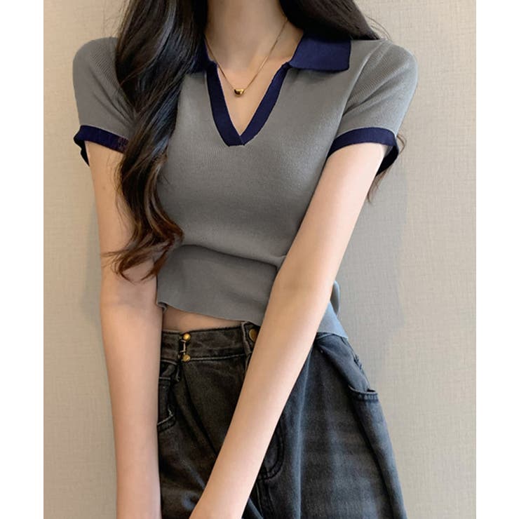 グレー | サマーニット夏Vネック半袖ニットトップス | Miniministore