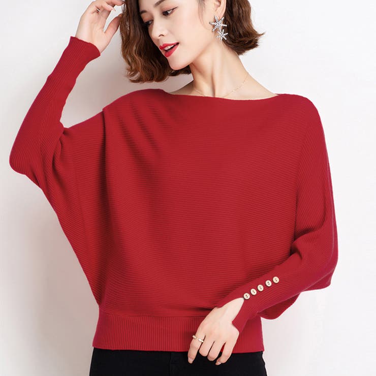 レッド | ボートネックドルマンニットトップス 上品 | Miniministore