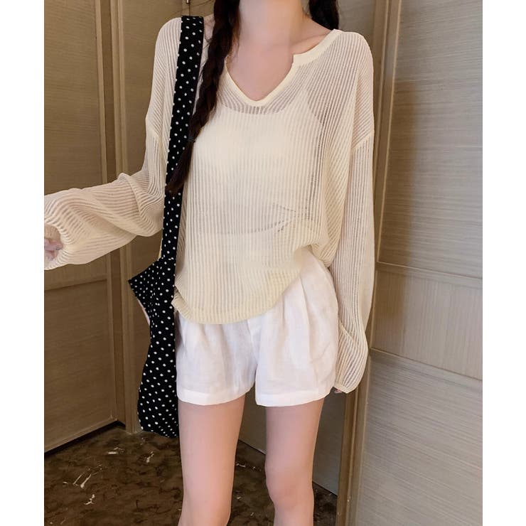 ベージュ | Vネックメッシュニットトップス 重ね着 レディース | SUNSHINE CLOSET