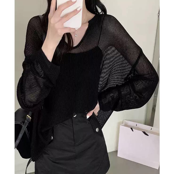 ブラック | Vネックメッシュニットトップス 重ね着 レディース | SUNSHINE CLOSET