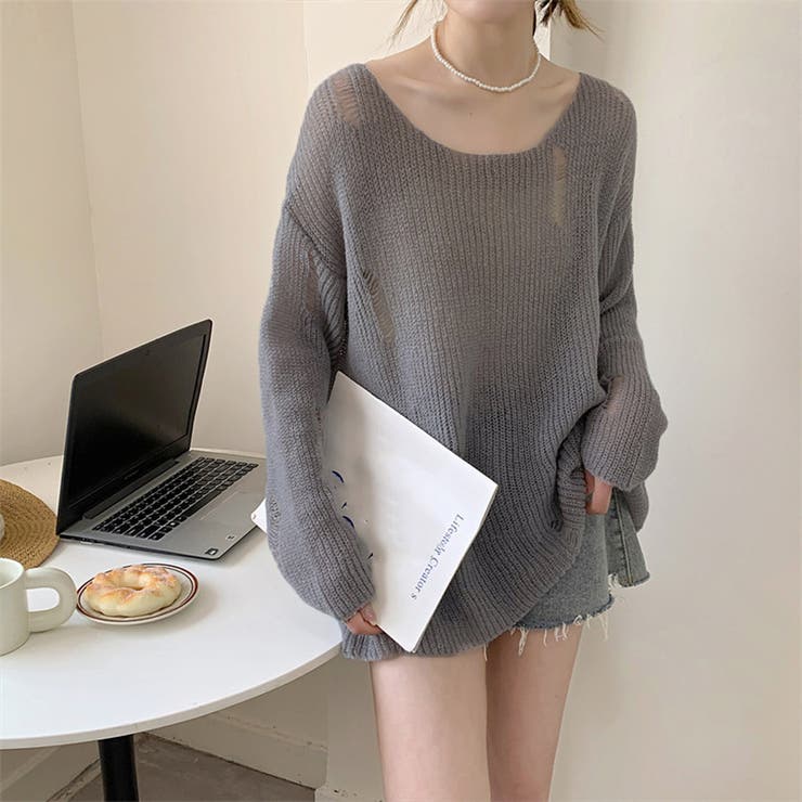 ダークグレー | ニットトップス ダメージ入り ゆったり | Miniministore