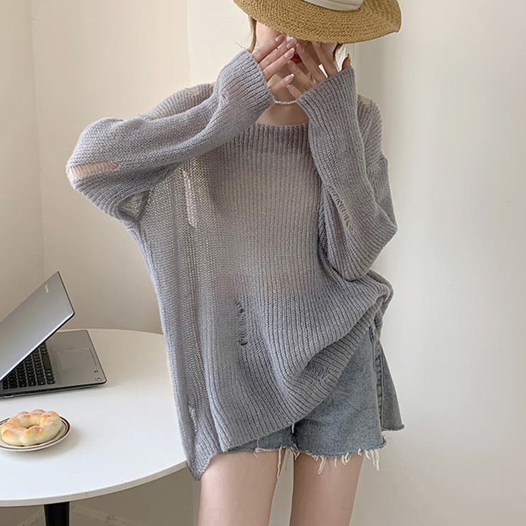 グレー | ニットトップス ダメージ入り ゆったり | Miniministore