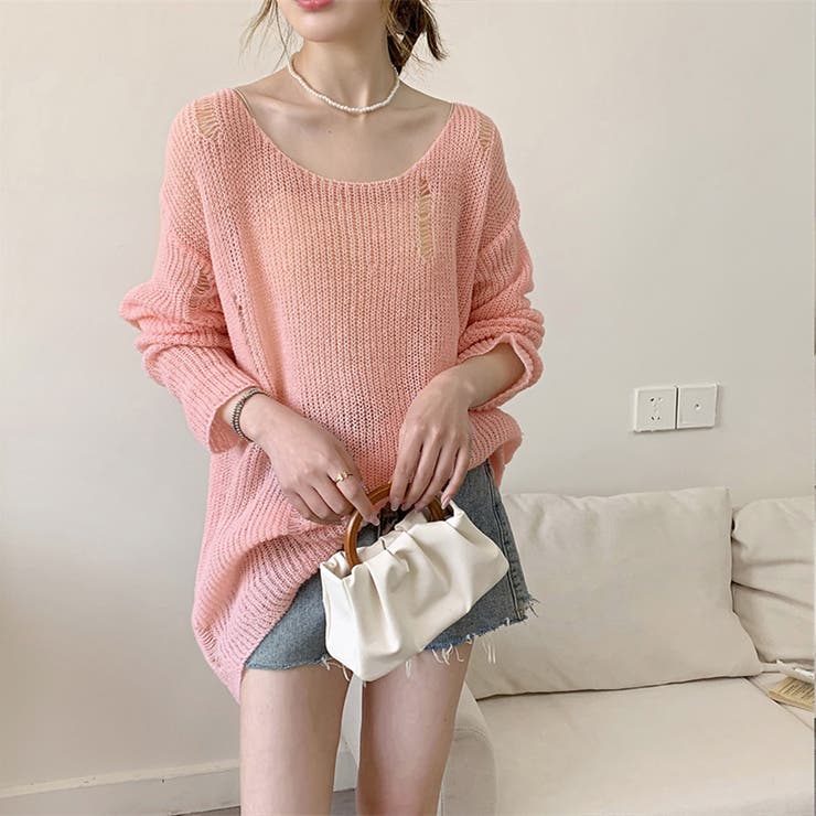 ピンク | ニットトップス ダメージ入り ゆったり | Miniministore