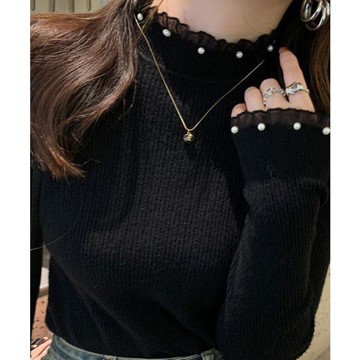 ブラック | リブニットトップス ハイネック長袖春秋冬 | Miniministore