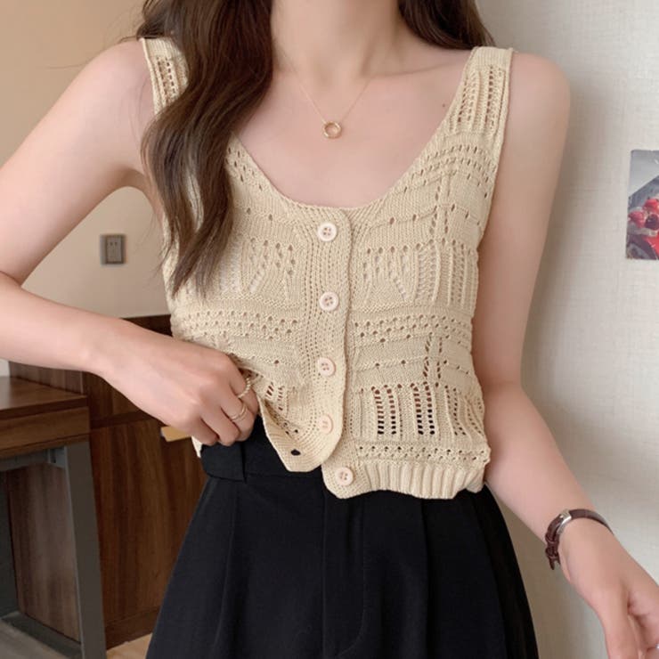 ベージュ | 透かし編み タンクトップ スクエアネック | Miniministore