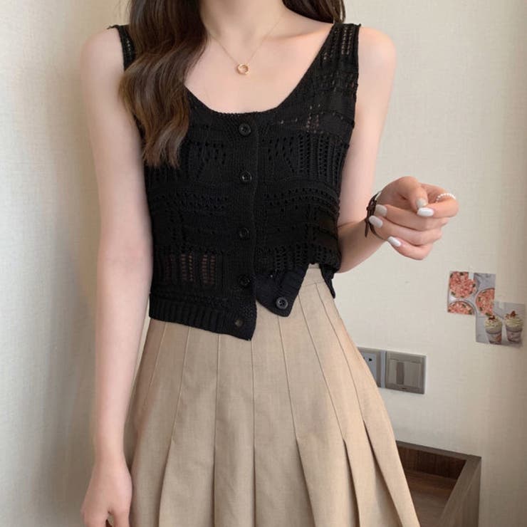 ブラック | 透かし編み タンクトップ スクエアネック | Miniministore