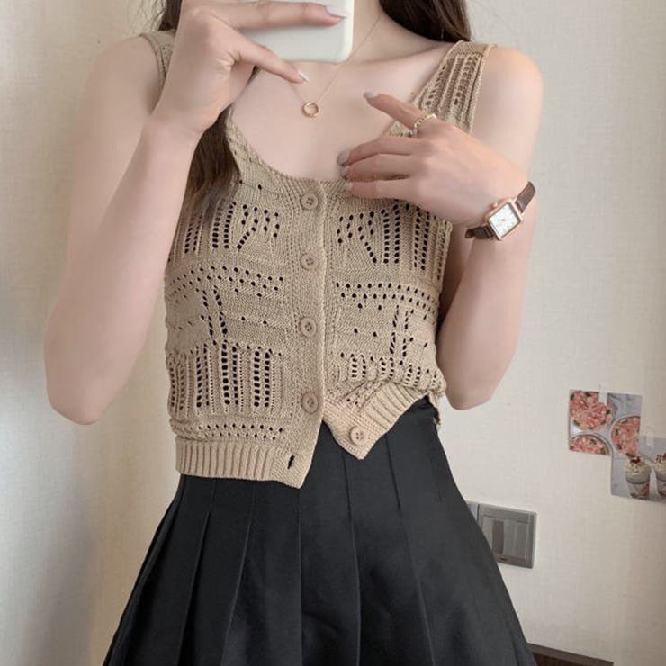 モカベージュ | 透かし編み タンクトップ スクエアネック | Miniministore