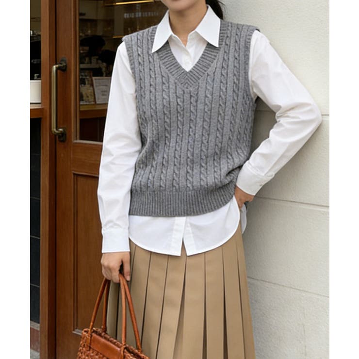 グレー | ニットベスト ケーブル編み 重ね着韓国風 | Miniministore