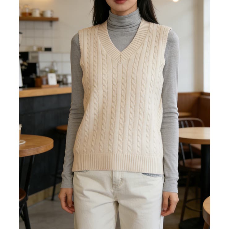 アイボリー | ニットベスト ケーブル編み 重ね着韓国風 | Miniministore