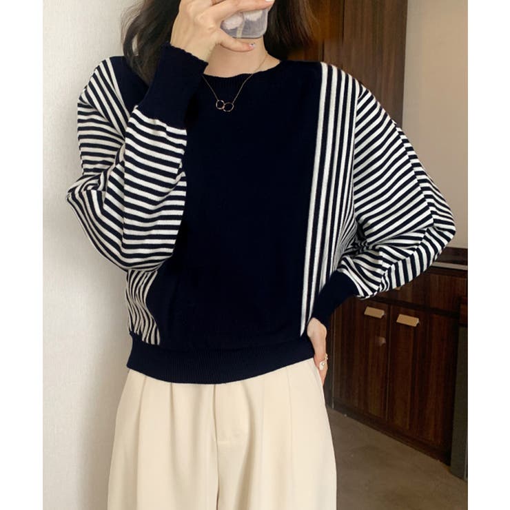 ブラック | ストライプ配色ドルマンニット体型カバー春 | Miniministore