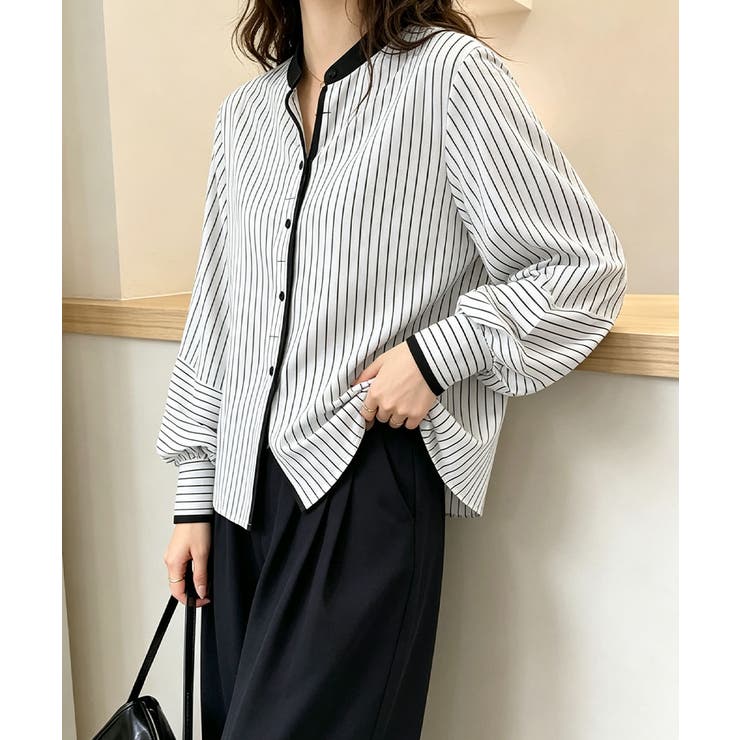 ホワイト | ストライプシャツブラウスボリューム袖春秋 | Miniministore