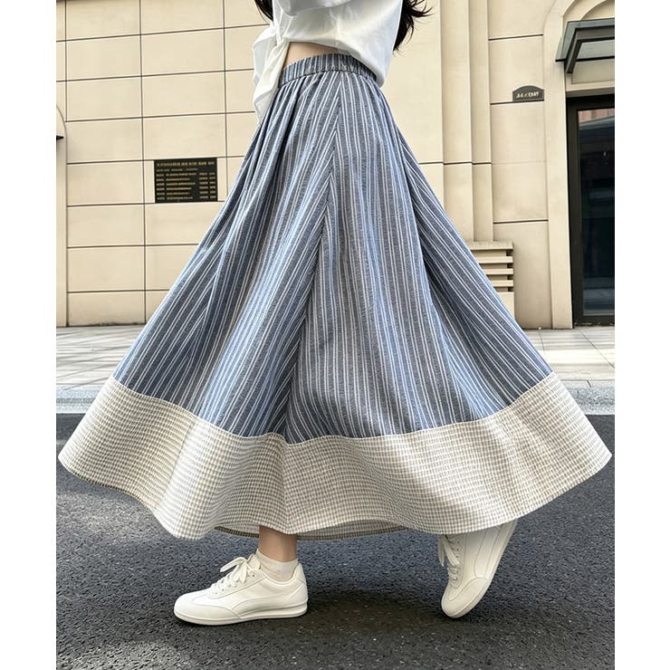 ダークブルー | ストライプ柄ロングスカートフレアスカート | Miniministore