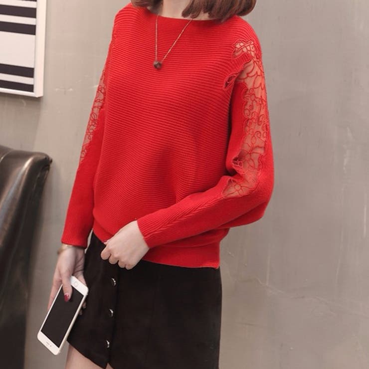 レッド | ドルマンニットトップス ボートネック上品 | Miniministore